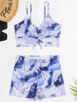 Women's Swimwear Bikini 2 Piece Boy Leg Swimsuit Backless Slim Vacation Beach Wear Floral V Neck Sleeveless Bathing Suits