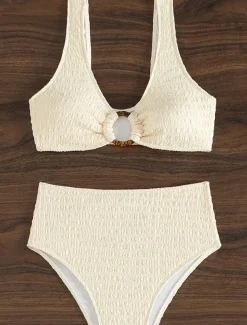 Women's Swimwear Bikini 2 Piece Briefs Swimsuit Backless Slim Vacation Beach Wear Solid Color V Neck Sleeveless Bathing Suits