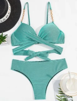 Women's Swimwear Bikini 2 Piece Cheeky Swimsuit Backless Slim Vacation Beach Wear Stripe V Neck Sleeveless Bathing Suits