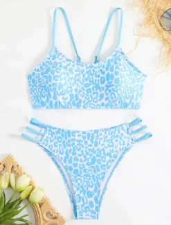 Women's Swimwear Bikini Cheeky Swimsuit Backless High Waist Slim Vacation Beach Wear Leopard V Neck Sleeveless Bathing Suits