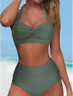 Women's Swimwear Bikini Shorts Swimsuit Halter 2 Piece Criss Cross Stylish Push Up Plain Sleeveless Bathing Suits