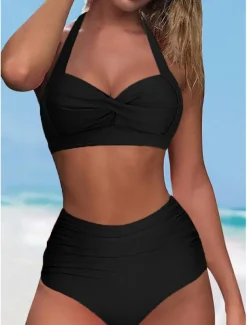 Women's Swimwear Bikini Shorts Swimsuit Halter 2 Piece Criss Cross Stylish Push Up Plain Sleeveless Bathing Suits