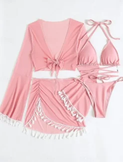 Women's Swimwear Bikini Skirt Swimsuit Backless Slim Vacation Beach Wear Solid Color Halter Neck Sleeveless Long Sleeve Bathing Suits