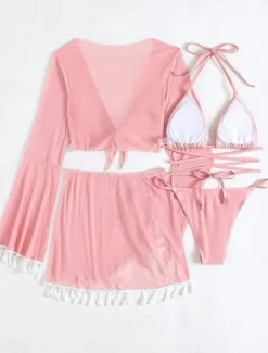 Women's Swimwear Bikini Skirt Swimsuit Backless Slim Vacation Beach Wear Solid Color Halter Neck Sleeveless Long Sleeve Bathing Suits