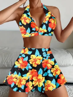 Women's Swimwear Bikini Tankini 2 Piece Cheeky Swimsuit Deep V Push Up Knitted Vacation Tropical Floral Paisley Plunge Sleeveless Bathing Suits