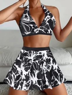 Women's Swimwear Bikini Tankini 2 Piece Cheeky Swimsuit Deep V Push Up Knitted Vacation Tropical Floral Paisley Plunge Sleeveless Bathing Suits