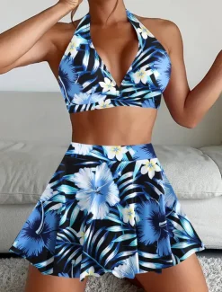 Women's Swimwear Bikini Tankini 2 Piece Cheeky Swimsuit Deep V Push Up Knitted Vacation Tropical Floral Paisley Plunge Sleeveless Bathing Suits