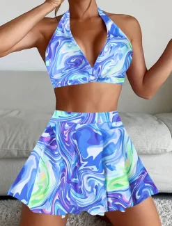 Women's Swimwear Bikini Tankini 2 Piece Cheeky Swimsuit Deep V Push Up Knitted Vacation Tropical Floral Paisley Plunge Sleeveless Bathing Suits