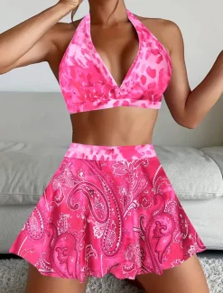 Women's Swimwear Bikini Tankini 2 Piece Cheeky Swimsuit Deep V Push Up Knitted Vacation Tropical Floral Paisley Plunge Sleeveless Bathing Suits