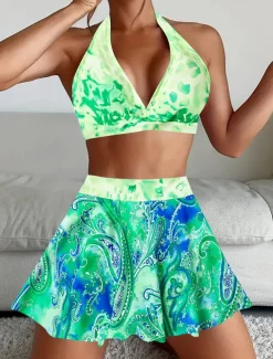 Women's Swimwear Bikini Tankini 2 Piece Cheeky Swimsuit Deep V Push Up Knitted Vacation Tropical Floral Paisley Plunge Sleeveless Bathing Suits