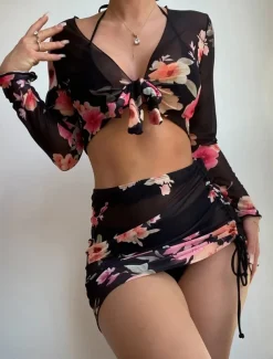 Women's Swimwear Bikini Three Piece Cheeky Swimsuit Backless Slim Vacation Beach Wear Solid Color Halter Neck Sleeveless Long Sleeve Bathing Suits