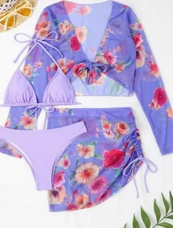 Women's Swimwear Bikini Three Piece Cheeky Swimsuit Backless Slim Vacation Beach Wear Solid Color Halter Neck Sleeveless Long Sleeve Bathing Suits