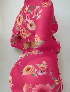 Women's Swimwear Bikini Three Piece Cheeky Swimsuit Backless Slim Vacation Beach Wear Solid Color Halter Neck Sleeveless Long Sleeve Bathing Suits