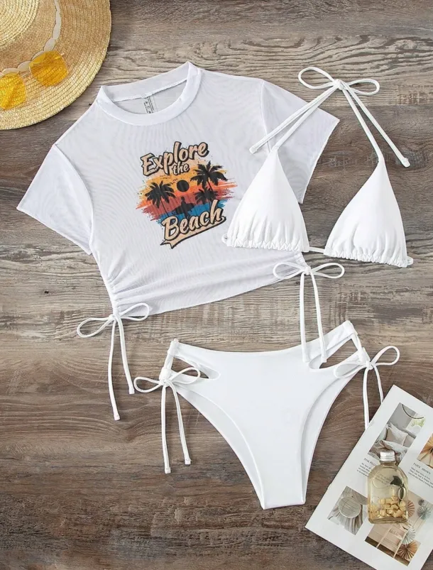 Women's Swimwear Bikini Three Piece Cheeky Swimsuit Backless Slim Vacation Beach Wear Graphic High Neck Short Sleeves Bathing Suits