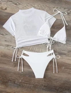 Women's Swimwear Bikini Three Piece Cheeky Swimsuit Backless Slim Vacation Beach Wear Graphic High Neck Short Sleeves Bathing Suits