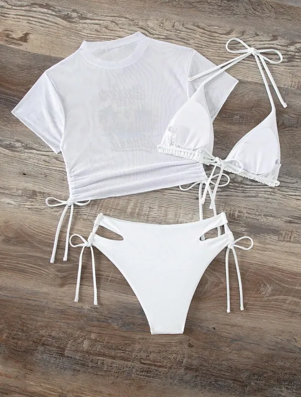 Women's Swimwear Bikini Three Piece Cheeky Swimsuit Backless Slim Vacation Beach Wear Graphic High Neck Short Sleeves Bathing Suits