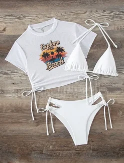 Women's Swimwear Bikini Three Piece Cheeky Swimsuit Backless Slim Vacation Beach Wear Graphic High Neck Short Sleeves Bathing Suits