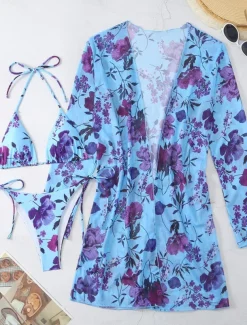 Women's Swimwear Bikini Three Piece Rash Guard Cheeky Swimsuit Backless Slim Vacation Beach Wear Floral Halter Neck Long Sleeve Bathing Suits