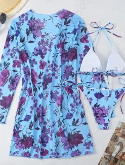 Women's Swimwear Bikini Three Piece Rash Guard Cheeky Swimsuit Backless Slim Vacation Beach Wear Floral Halter Neck Long Sleeve Bathing Suits
