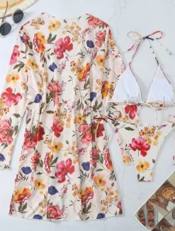 Women's Swimwear Bikini Three Piece Rash Guard Cheeky Swimsuit Backless Slim Vacation Beach Wear Floral Halter Neck Long Sleeve Bathing Suits