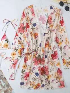 Women's Swimwear Bikini Three Piece Rash Guard Cheeky Swimsuit Backless Slim Vacation Beach Wear Floral Halter Neck Long Sleeve Bathing Suits