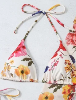 Women's Swimwear Bikini Three Piece Rash Guard Cheeky Swimsuit Backless Slim Vacation Beach Wear Floral Halter Neck Long Sleeve Bathing Suits