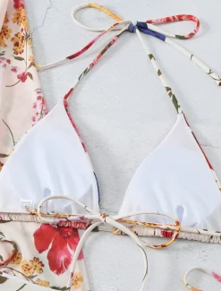 Women's Swimwear Bikini Three Piece Rash Guard Cheeky Swimsuit Backless Slim Vacation Beach Wear Floral Halter Neck Long Sleeve Bathing Suits