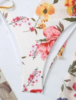 Women's Swimwear Bikini Three Piece Rash Guard Cheeky Swimsuit Backless Slim Vacation Beach Wear Floral Halter Neck Long Sleeve Bathing Suits