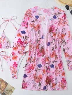 Women's Swimwear Bikini Three Piece Rash Guard Cheeky Swimsuit Backless Slim Vacation Beach Wear Floral Halter Neck Long Sleeve Bathing Suits