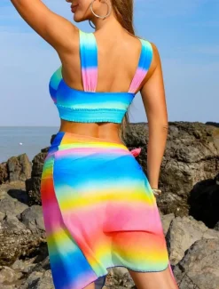 Women's Swimwear Bikini Three Piece Skirt Swimsuit Backless Slim Vacation Beach Wear Ombre V Neck Sleeveless Bathing Suits
