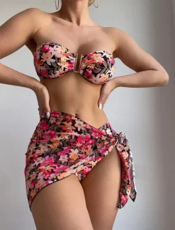 Women's Swimwear Bikini Three Piece Skirt Swimsuit Backless Slim Vacation Beach Wear Floral Strapless Sleeveless Bathing Suits