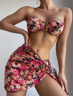 Women's Swimwear Bikini Three Piece Skirt Swimsuit Backless Slim Vacation Beach Wear Floral Strapless Sleeveless Bathing Suits