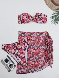 Women's Swimwear Bikini Three Piece Skirt Swimsuit Backless Slim Vacation Beach Wear Floral Strapless Sleeveless Bathing Suits
