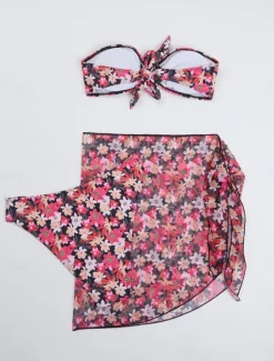 Women's Swimwear Bikini Three Piece Skirt Swimsuit Backless Slim Vacation Beach Wear Floral Strapless Sleeveless Bathing Suits