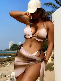 Women's Swimwear Bikini Three Piece Cheeky Swimsuit Backless Slim Vacation Beach Wear Tie Dye Halter Neck Sleeveless Bathing Suits