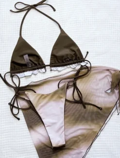 Women's Swimwear Bikini Three Piece Cheeky Swimsuit Backless Slim Vacation Beach Wear Tie Dye Halter Neck Sleeveless Bathing Suits