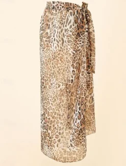 Women's Swimwear Cover Up Swim Dress Swimsuit Vacation Beach Wear Leopard Striped Long Sleeve Bathing Suits