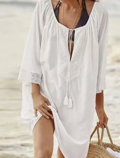 Women's Swimwear Cover Up Beach Dresses Swimsuit Tie Front Vacation Beach Wear Solid Color V Neck Long Sleeve
