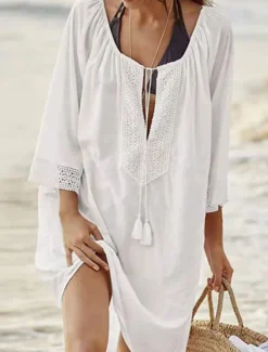 Women's Swimwear Cover Up Beach Dresses Swimsuit Tie Front Vacation Beach Wear Solid Color V Neck Long Sleeve