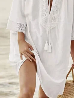 Women's Swimwear Cover Up Beach Dresses Swimsuit Tie Front Vacation Beach Wear Solid Color V Neck Long Sleeve