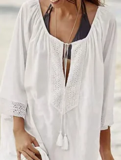 Women's Swimwear Cover Up Beach Dresses Swimsuit Tie Front Vacation Beach Wear Solid Color V Neck Long Sleeve
