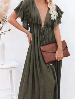 Women's Swimwear Cover Up Swim Dress Swimsuit Tie Front Vacation Beach Wear Solid Color V Neck Short Sleeves Bathing Suits