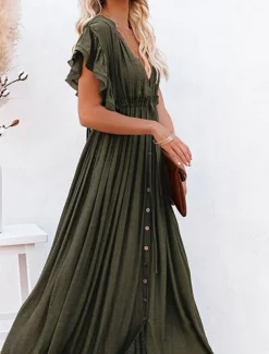 Women's Swimwear Cover Up Swim Dress Swimsuit Tie Front Vacation Beach Wear Solid Color V Neck Short Sleeves Bathing Suits