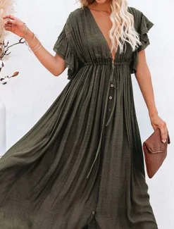 Women's Swimwear Cover Up Swim Dress Swimsuit Tie Front Vacation Beach Wear Solid Color V Neck Short Sleeves Bathing Suits