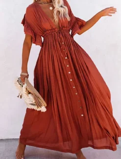 Women's Swimwear Cover Up Swim Dress Swimsuit Tie Front Vacation Beach Wear Solid Color V Neck Short Sleeves Bathing Suits