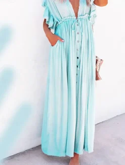 Women's Swimwear Cover Up Swim Dress Swimsuit Tie Front Vacation Beach Wear Solid Color V Neck Short Sleeves Bathing Suits