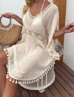 Women's Swimwear Cover Up Swim Dress Swimsuit Fringe Vacation Beach Wear Solid Color V Neck Short Sleeves Bathing Suits