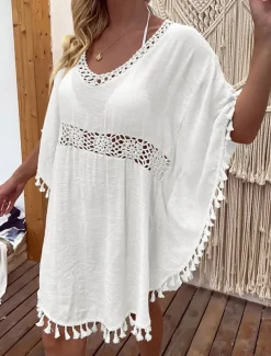 Women's Swimwear Cover Up Swim Dress Swimsuit Fringe Vacation Beach Wear Solid Color V Neck Short Sleeves Bathing Suits