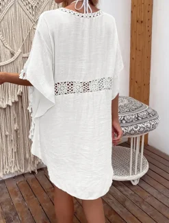 Women's Swimwear Cover Up Swim Dress Swimsuit Fringe Vacation Beach Wear Solid Color V Neck Short Sleeves Bathing Suits