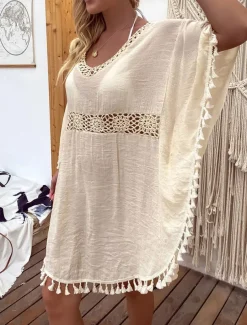 Women's Swimwear Cover Up Swim Dress Swimsuit Fringe Vacation Beach Wear Solid Color V Neck Short Sleeves Bathing Suits